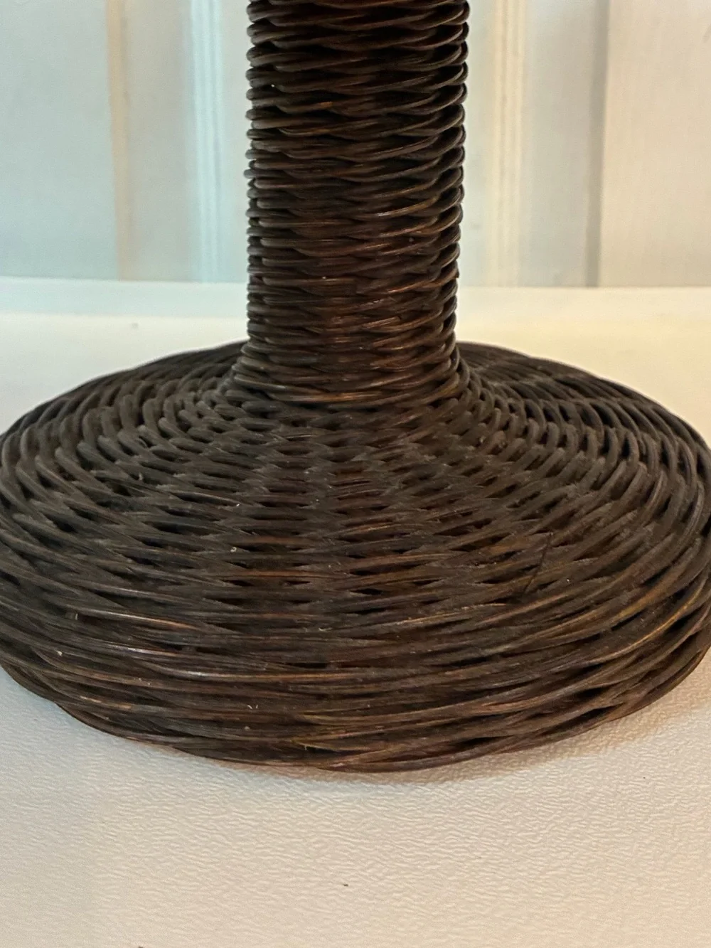 Vintage Handwoven Rattan Pedestal Bowl Scalloped Rim Wicker Centerpiece Rustic